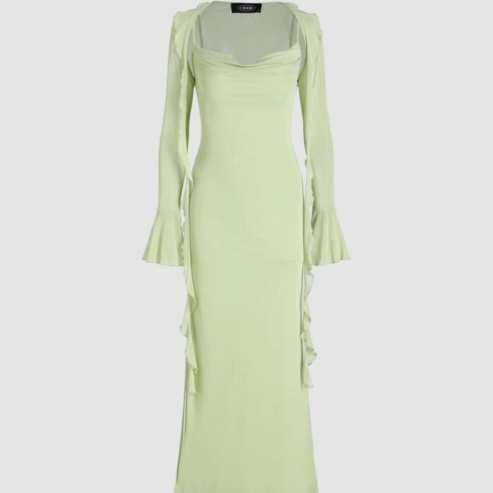 Cider Mesh Cowl Neck Ruffle Maxi Dress and Shrug Green